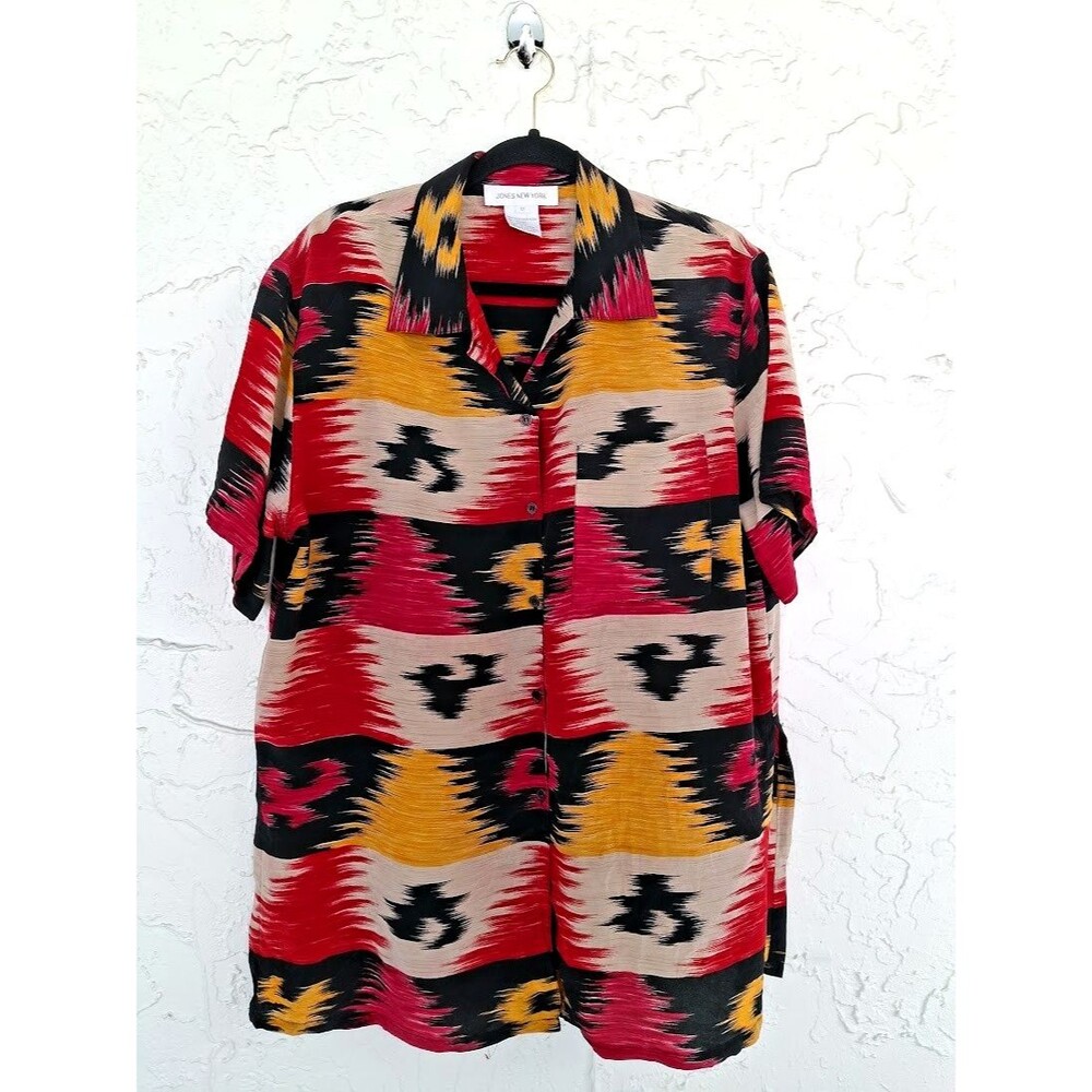 Vintage Jones New York 100% Silk Blouse Womens 12 Abstract Ikat Button Front